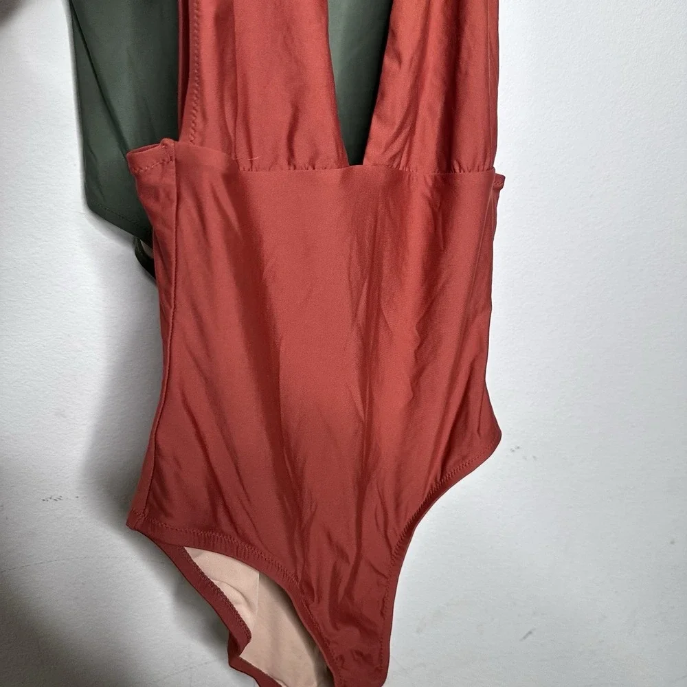 Lot‎ 2 JCrew sz 12 Plunge V-Neck One-Piece Swimsuit G9417 Orange Green Beach